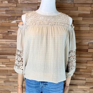 Doe & Rae | Tan |  Cold-Shoulder | Crochet | Gauze | Boho | 3 Sizes